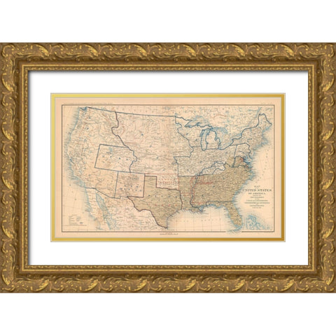 Boundaries of United States 1861 - Bien 1894 Gold Ornate Wood Framed Art Print with Double Matting by Bien