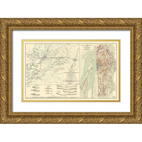 Seige of Vicksburg Mississippi 2 Views - Bien 1863 Gold Ornate Wood Framed Art Print with Double Matting by Bien