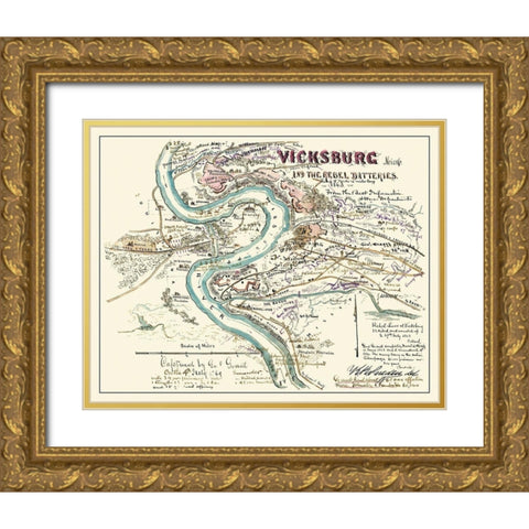 Vicksburg Mississippi Rebel Batteries Gold Ornate Wood Framed Art Print with Double Matting by Sherman