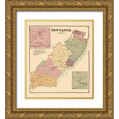New Castle Delaware Landowner - Beers 1868 Gold Ornate Wood Framed Art Print with Double Matting by Beers