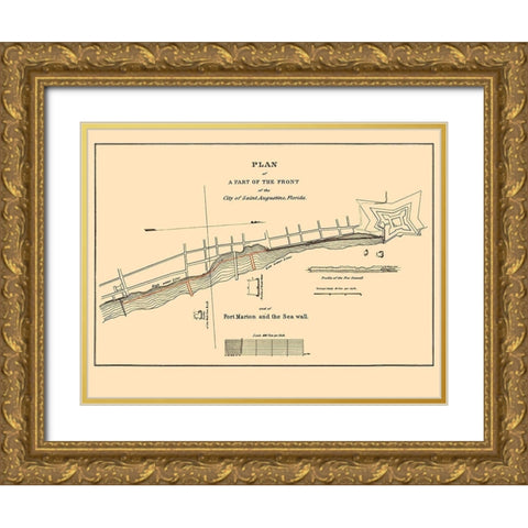St Augustine, Fort Marion, Sea Wall Florida Gold Ornate Wood Framed Art Print with Double Matting by Duney