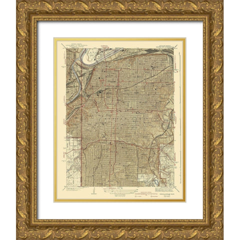 Kansas City Missouri Kansas Quad - USGS 1940 Gold Ornate Wood Framed Art Print with Double Matting by USGS