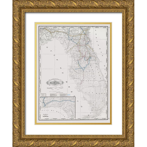 Florida State Railway and Counties - Grant 1889 Gold Ornate Wood Framed Art Print with Double Matting by Grant