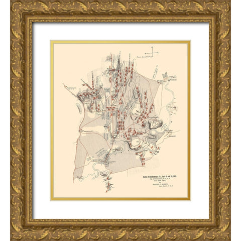 Chickamauga Georgia Battle - Morris 1863  Gold Ornate Wood Framed Art Print with Double Matting by Morris