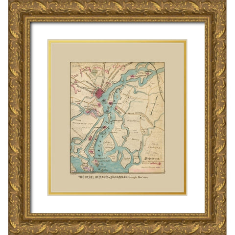 Savannah Georgia Defences - Sneden 1864  Gold Ornate Wood Framed Art Print with Double Matting by Sneden