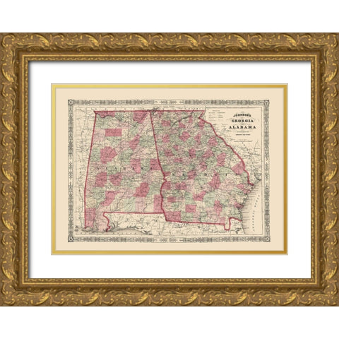 Georgia, Alabama - Johnson 1864 Gold Ornate Wood Framed Art Print with Double Matting by Johnson