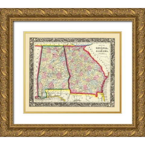 Georgia, Alabama - Mitchell 1860 Gold Ornate Wood Framed Art Print with Double Matting by Mitchell
