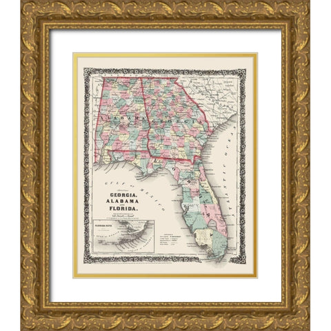 Georgia, Alabama, Florida - Colton 1858 Gold Ornate Wood Framed Art Print with Double Matting by Colton
