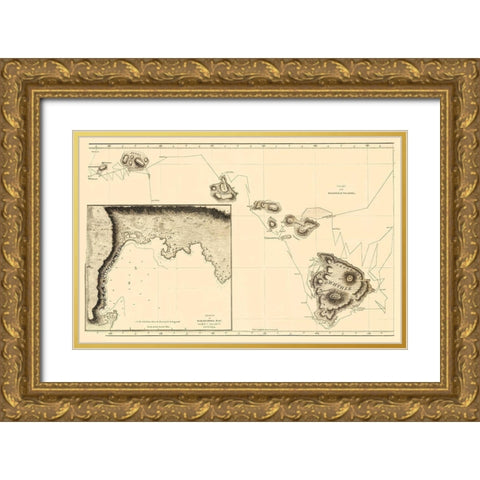 Sandwich Islands or Hawaii - Bonne 1785 Gold Ornate Wood Framed Art Print with Double Matting by Bonne