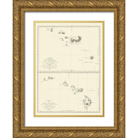 Hawaii or Iles Sandwich - Bernizet 1797 Gold Ornate Wood Framed Art Print with Double Matting by Bernizet