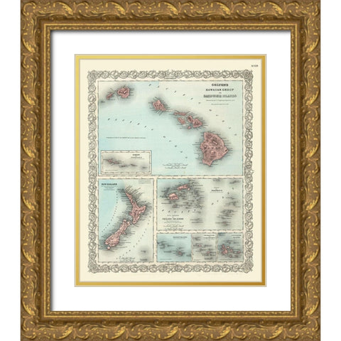 Hawaii - Colton 1855  Gold Ornate Wood Framed Art Print with Double Matting by Colton