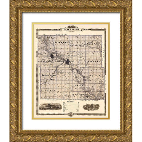 Black Hawk Iowa Landowner - Shober 1874 Gold Ornate Wood Framed Art Print with Double Matting by Shober