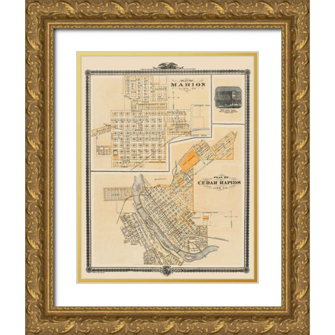 Cedar Rapids, Marion Iowa - Shober 1875 Gold Ornate Wood Framed Art Print with Double Matting by Shober