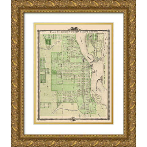 Davenport Iowa Landowner - Shober 1875 Gold Ornate Wood Framed Art Print with Double Matting by Shober