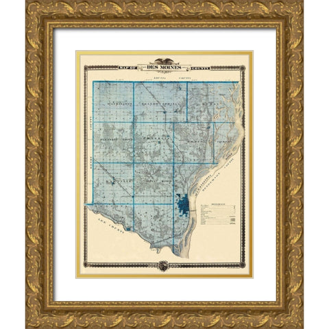 Des Moines Iowa - Shober 1875 Gold Ornate Wood Framed Art Print with Double Matting by Shober
