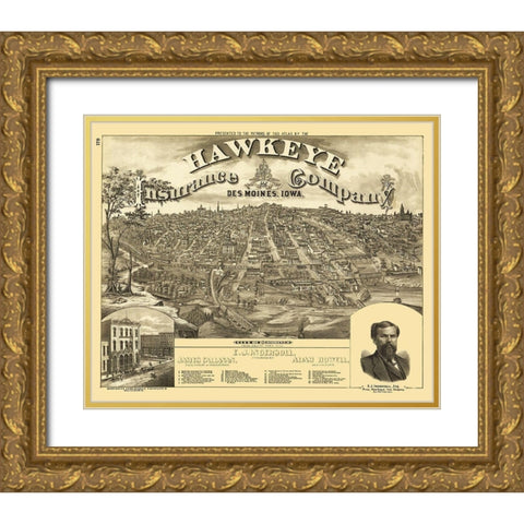 Des Moines Iowa - Andreas 1875 Gold Ornate Wood Framed Art Print with Double Matting by Andreas