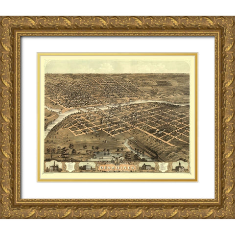 Des Moines Iowa - Ruger 1868 Gold Ornate Wood Framed Art Print with Double Matting by Ruger