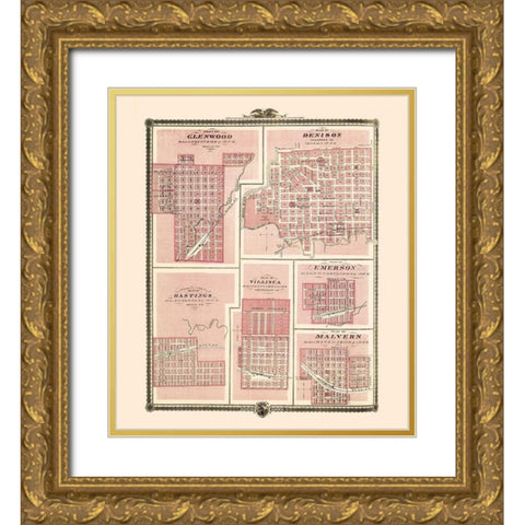 Glenwood, Denison, Hastings Iowa - Andreas 1874 Gold Ornate Wood Framed Art Print with Double Matting by Andreas