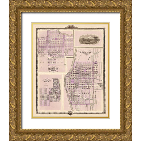 Iowa City, Marengo, Le Claire Iowa - Shober 1875 Gold Ornate Wood Framed Art Print with Double Matting by Shober