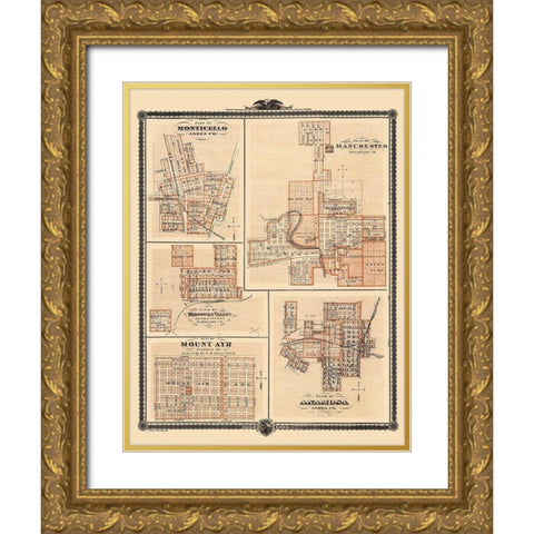 Monticello, Mount Ayre, Anamosa Iowa - Shober 1875 Gold Ornate Wood Framed Art Print with Double Matting by Shober