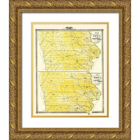 Iowa with Congressional, Judicial Districts  1874 Gold Ornate Wood Framed Art Print with Double Matting by Andreas