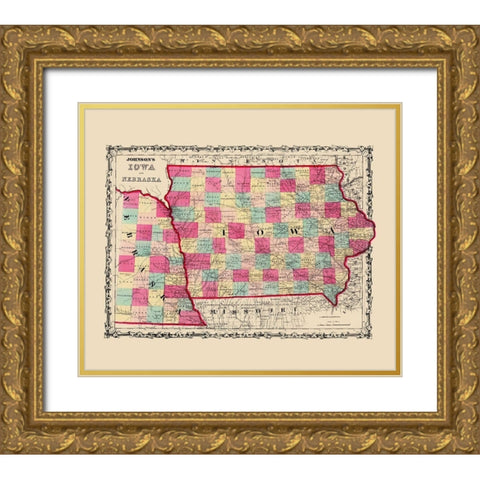 Nebraska, Iowa - Johnson 1860 Gold Ornate Wood Framed Art Print with Double Matting by Johnson