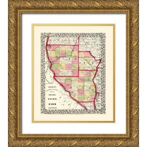 Adams  Brown  Pike Illinois - Campbell 1850 Gold Ornate Wood Framed Art Print with Double Matting by Campbell