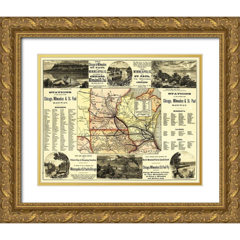 Chicago, Milwaukee and St Paul Railroad - 1874 Gold Ornate Wood Framed Art Print with Double Matting by Rand McNally
