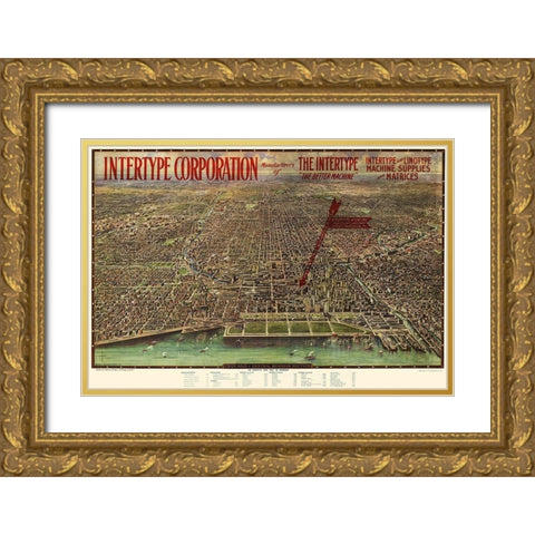 Chicago Illinois - Aeroview 1916 Gold Ornate Wood Framed Art Print with Double Matting by Aeroview