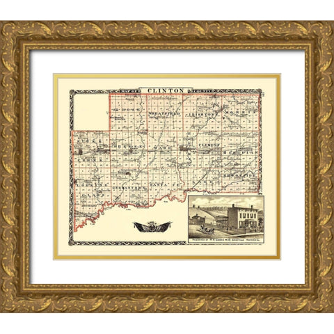 Clinton Illinois Landowner - Warner 1870 Gold Ornate Wood Framed Art Print with Double Matting by Warner