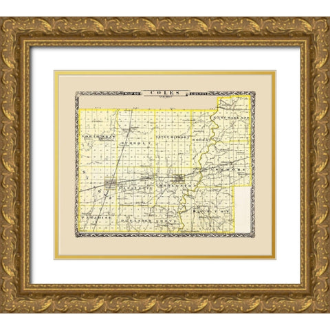 Coles Illinois - Warner 1876 Gold Ornate Wood Framed Art Print with Double Matting by Warner