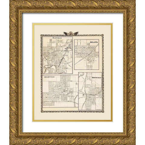 Danville Atlanta Shelbyville Monticello Illinois Gold Ornate Wood Framed Art Print with Double Matting by Beers