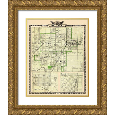 Decatur, Sullivan Illinois Landowner - Warner 1876 Gold Ornate Wood Framed Art Print with Double Matting by Warner
