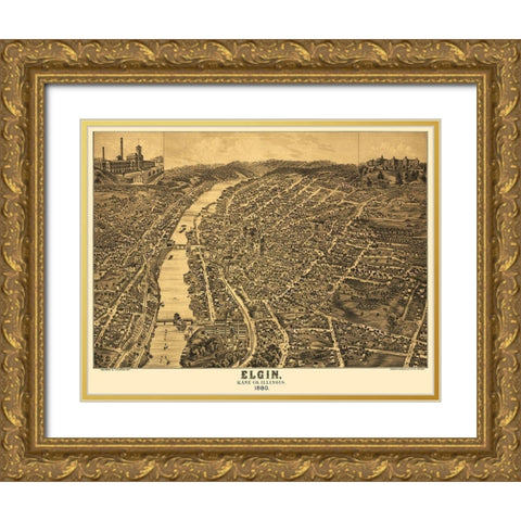 Elgin Illinois - Shober 1880 Gold Ornate Wood Framed Art Print with Double Matting by Shober