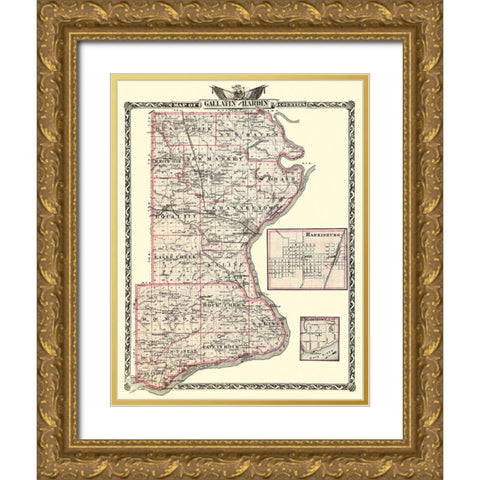 Gallatin  Hardin Illinois Landowner - Warner 1876 Gold Ornate Wood Framed Art Print with Double Matting by Warner