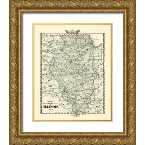 Illinois Railroad Map - Beers 1876 Gold Ornate Wood Framed Art Print with Double Matting by Beers
