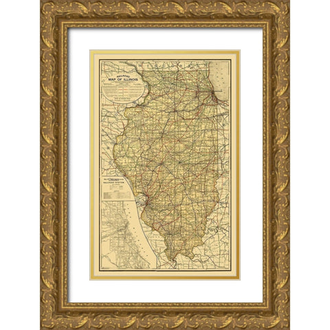 Illinois Railroad - Rand McNally 1898  Gold Ornate Wood Framed Art Print with Double Matting by Rand McNally