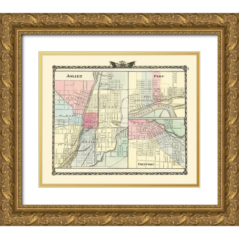 Joliet, Peru, Freeport Illinois - Warner 1870 Gold Ornate Wood Framed Art Print with Double Matting by Warner