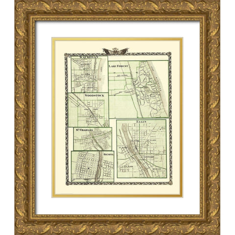Lake Forest, Elgin, Geneva Illinois - Warner 1870 Gold Ornate Wood Framed Art Print with Double Matting by Warner