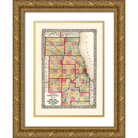 Mchenry  Kane  Cook  Will Illinois - Campbell 1850 Gold Ornate Wood Framed Art Print with Double Matting by Campbell