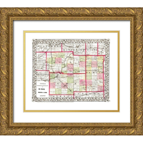 De Kalb  Ogle  Lee Illinois - Campbell 1850 Gold Ornate Wood Framed Art Print with Double Matting by Campbell