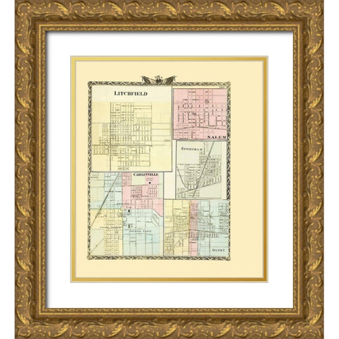 Litchfield, Salem, Effingham, Carlinville, Olney Gold Ornate Wood Framed Art Print with Double Matting by Union
