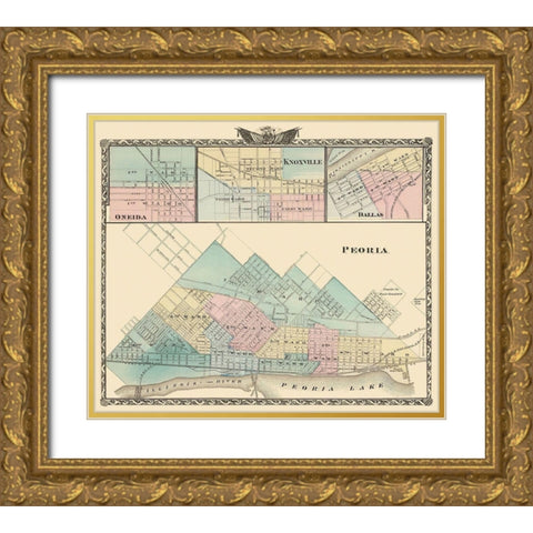 Peoria, Oneida, Knoxville, Dallas Illinois Gold Ornate Wood Framed Art Print with Double Matting by Warner