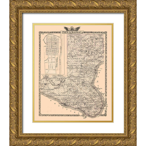 Pope and Massac Counties  Illinois - Beers 1876 Gold Ornate Wood Framed Art Print with Double Matting by Beers