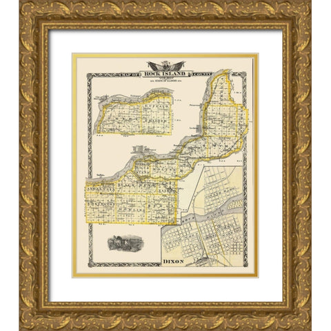 Rock Island Illinois Landowner - Warner 1874 Gold Ornate Wood Framed Art Print with Double Matting by Warner