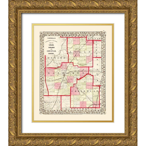 Sangamon  Logan  Christian Illinois - Campbell Gold Ornate Wood Framed Art Print with Double Matting by Campbell
