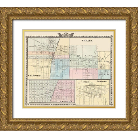 Urbana, Champaign, Mattoon, Charleston Illinois Gold Ornate Wood Framed Art Print with Double Matting by Warner