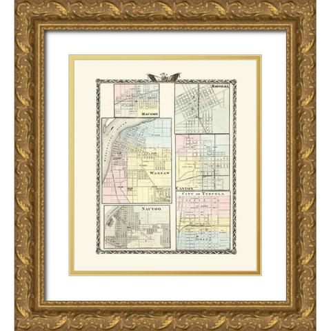 Macomb, Marshall, Warsaw, Canton, Nauvoo, Tuscola Gold Ornate Wood Framed Art Print with Double Matting by Warner