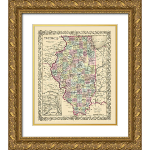 Illinois - Colton 1856 Gold Ornate Wood Framed Art Print with Double Matting by Colton