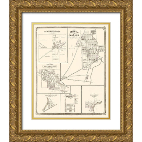 Auburn Indiana Landowner - Baskin 1876 Gold Ornate Wood Framed Art Print with Double Matting by Baskin